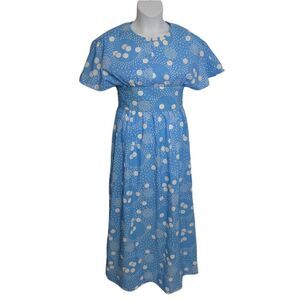 VINTAGE 70s dress cornflower‎ blue polka dot short sleeve maxi S